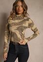 Beżowo-Czarna Bluzka Longsleeve z Bawełny z Półgolfem i Panterkowym Printem Unalla