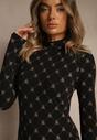 Czarna Bluzka Longsleeve Półgolf z Bawełny Ozdobiona Geometrycznym Nadrukiem Zantila