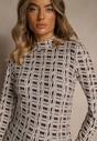Biało-Brązowa Bluzka Longsleeve z Golfem z Bawełny w Geometryczny Print Zadanevia