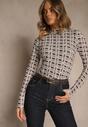 Biało-Brązowa Bluzka Longsleeve z Golfem z Bawełny w Geometryczny Print Zadanevia