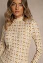 Biało-Beżowa Bluzka Longsleeve z Golfem z Bawełny w Geometryczny Print Zadanevia