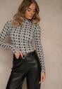 Biało-Czarna Bluzka Longsleeve z Golfem z Bawełny w Geometryczny Print Zadanevia