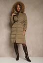 Ciemnobeżowa Pikowana Kurtka o Długim Kroju z Paskiem i Kapturem z Futrem Aveslia