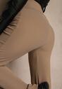 Ciemnobeżowe Prążkowane Spodnie High Waist z Szerokimi Nogawkami Resoda