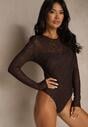 Brązowe Body Typu Longsleeve z Koronki Eseiana