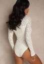 Beżowe Body Typu Longsleeve z Koronki Eseiana