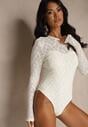 Beżowe Body Typu Longsleeve z Koronki Eseiana