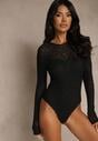 Czarne Body Typu Longsleeve z Koronki Eseiana