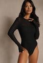 Czarne Body Typu Longsleeve z Koronki Eseiana