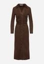 Brązowa Marszczona Sukienka z Imitacji Zamszu o Koszulowym Kroju Esora