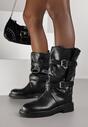 Czarne Botki Biker Boots z Marszczoną Cholewką i Paskami ze Sprzączkami Sinesa