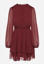 Bordowa Szyfonowa Sukienka Mgiełka o Rozkloszowanym Kroju z Bufiastymi Rękawami Aziva