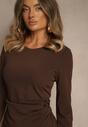 Brązowa Sukienka Bodycon z Bawełną i Paskami z Klamrami z Boku Esenelia
