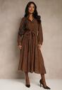 Brązowa Koszulowa Sukienka z Wiskozy o Rozkloszowanym Fasonie z Wiązaniem Isozera