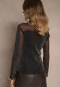 Czarna Bluzka Longsleeve z Golfem z Siateczki z Metaliczną Nitką Azeda