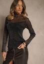 Czarna Bluzka Longsleeve z Golfem z Siateczki z Metaliczną Nitką Azeda