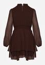 Brązowa Szyfonowa Sukienka Mgiełka o Rozkloszowanym Kroju z Bufiastymi Rękawami Aziva