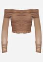 Ciemnobeżowa Drapowana Bluzka VICES z Odkrytymi Ramionami i Siateczkowymi Rękawami Atevite