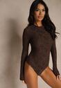 Brązowe Body Longsleeve z Kopertowym Dekoltem w Kwiatowy Print Zenneva
