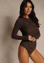 Brązowe Body Longsleeve z Kopertowym Dekoltem w Kwiatowy Print Zenneva
