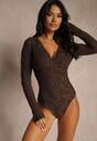 Brązowe Body Longsleeve z Koronki z Bawełną Zenisesa
