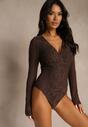 Brązowe Body Longsleeve z Koronki z Bawełną Zenisesa