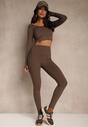 Brązowe Legginsy High Waist Ozdobione Przeszyciem Belanessa