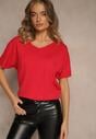 Czerwony T-shirt z Dzianiny z Dekoltem w Serek Fenalise