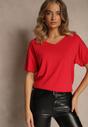 Czerwony T-shirt z Dzianiny z Dekoltem w Serek Fenalise