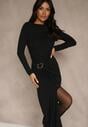 Czarna Elegancka Sukienka Zdobiona Marszczeniem i Metaliczną Aplikacją Raselia