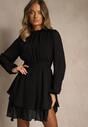Czarna Sukienka z Siateczki o Rozkloszowanym Kroju z Bufiastymi Rękawami Aziva