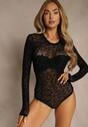 Czarne Body Longsleeve z Domieszką Wiskozy w Welurowy Wzór w Kwiaty Eclene