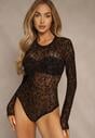 Brązowe Body Longsleeve z Domieszką Wiskozy w Welurowy Wzór w Kwiaty Eclene