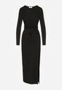 Czarna Sukienka z Wiskozą o Kopertowym Kroju z Rozcięciem i Wiązanym Paskiem Tesela