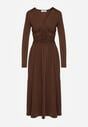 Brązowa Taliowana Sukienka Longsleeve z Wiskozą z Marszczeniem i Dekoltem V Elirie