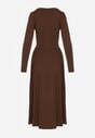 Brązowa Taliowana Sukienka Longsleeve z Wiskozą z Marszczeniem i Dekoltem V Elirie