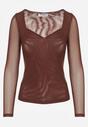 Brązowa Bluzka Longsleeve z Siateczki z Wiskozą z Dekoltem w Serce Elinevia