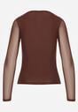 Brązowa Bluzka Longsleeve z Siateczki z Wiskozą z Dekoltem w Serce Elinevia