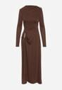 Brązowa Sukienka Koktajlowa z Marszczeniem i Metaliczną Ozdobą Retanda