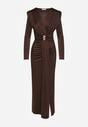 Brązowa Koktajlowa Sukienka z Rozcięciem na Nogę Zdobiona Trenem Atirga