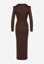 Brązowa Koktajlowa Sukienka z Rozcięciem na Nogę Zdobiona Trenem Atirga