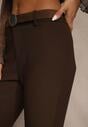 Brązowe Wiskozowe Spodnie Dzwony z Bawełną High Waist z Paskiem Lidassa