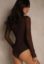 Brązowe Body Longsleeve ze Stójką z Siateczki z Domieszką Wiskozy Liravia