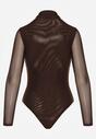 Brązowe Body Longsleeve ze Stójką z Siateczki z Domieszką Wiskozy Liravia