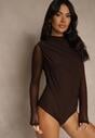 Brązowe Body Longsleeve ze Stójką z Siateczki z Domieszką Wiskozy Liravia
