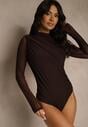 Brązowe Body Longsleeve ze Stójką z Siateczki z Domieszką Wiskozy Liravia