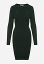 Ciemnozielona Prążkowana Sukienka z Dzianiny z Bawełną o Dopasowanym Kroju Tesoria