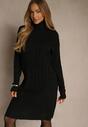 Czarna Sukienka Sweterkowa z Golfem Wełną  Bawełną i Ozdobnym Splotem Reilenea