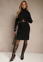 Czarna Sukienka Sweterkowa z Golfem Wełną  Bawełną i Ozdobnym Splotem Reilenea