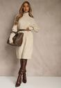 Jasnobeżowa Sukienka Sweterkowa z Golfem Wełną  Bawełną i Ozdobnym Splotem Reilenea